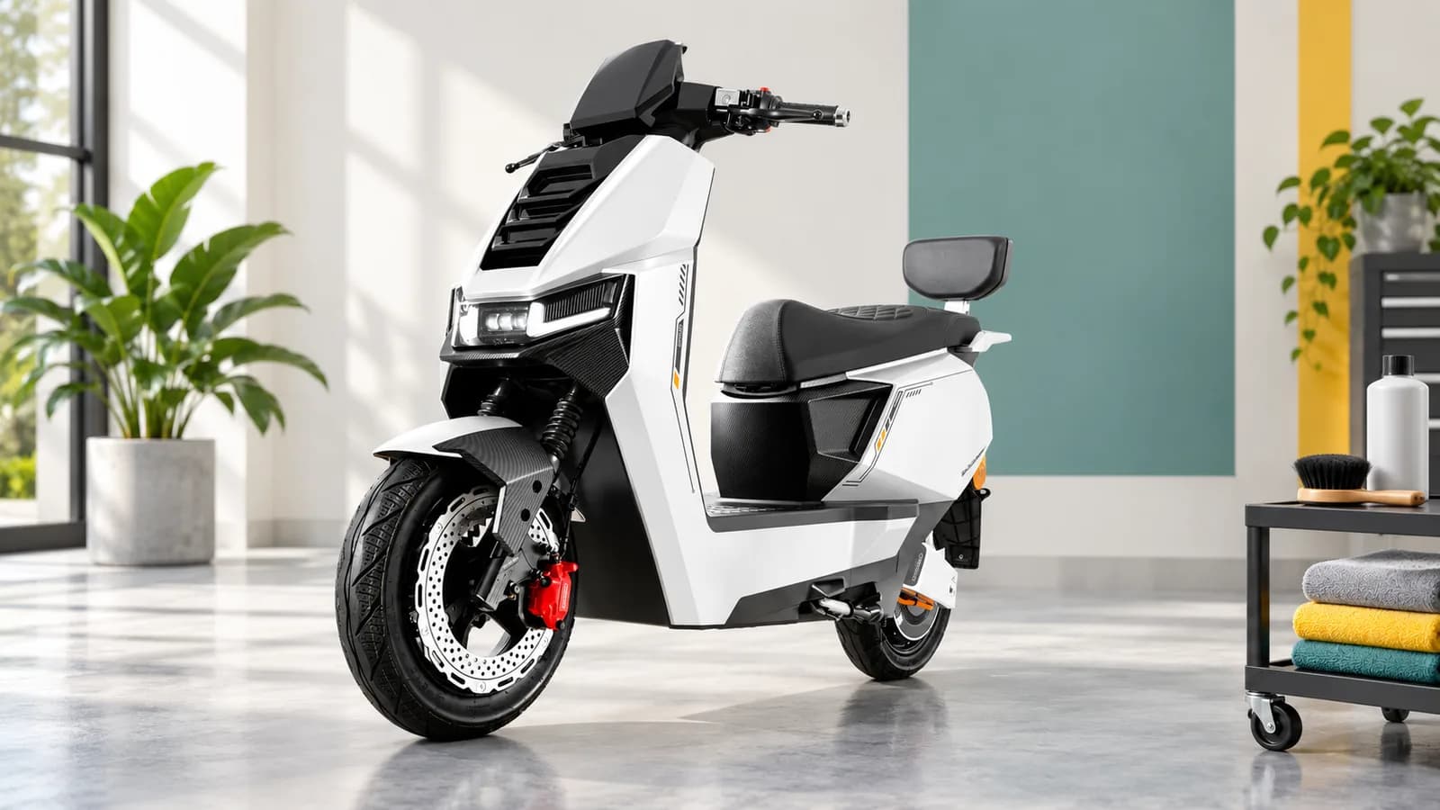 Conceptual illustration of a white Dynamo scooter beside cleaning cloths and a closed bottle, not a photographed cleaning service