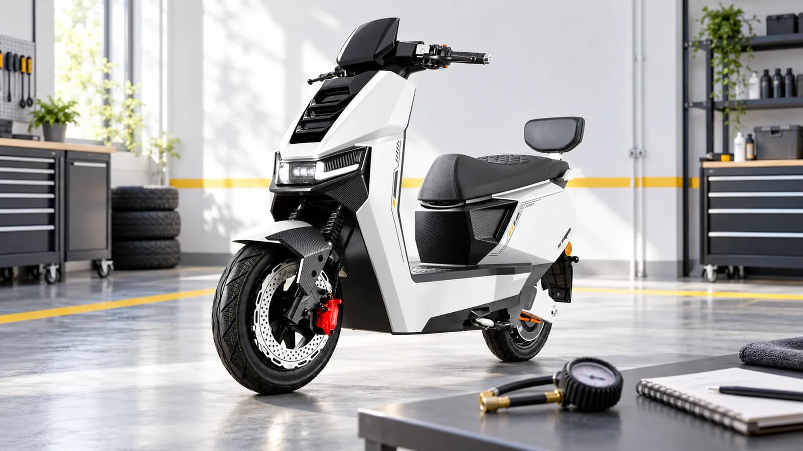 Conceptual illustration of a white Dynamo scooter beside a tyre gauge and notebook, not a photographed service appointment