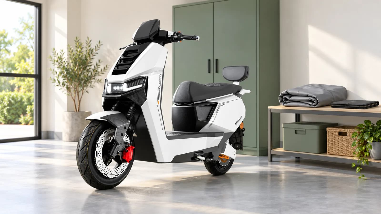 Conceptual illustration of a white Dynamo scooter in a garage beside a folded cover and document wallet, not a photographed customer property