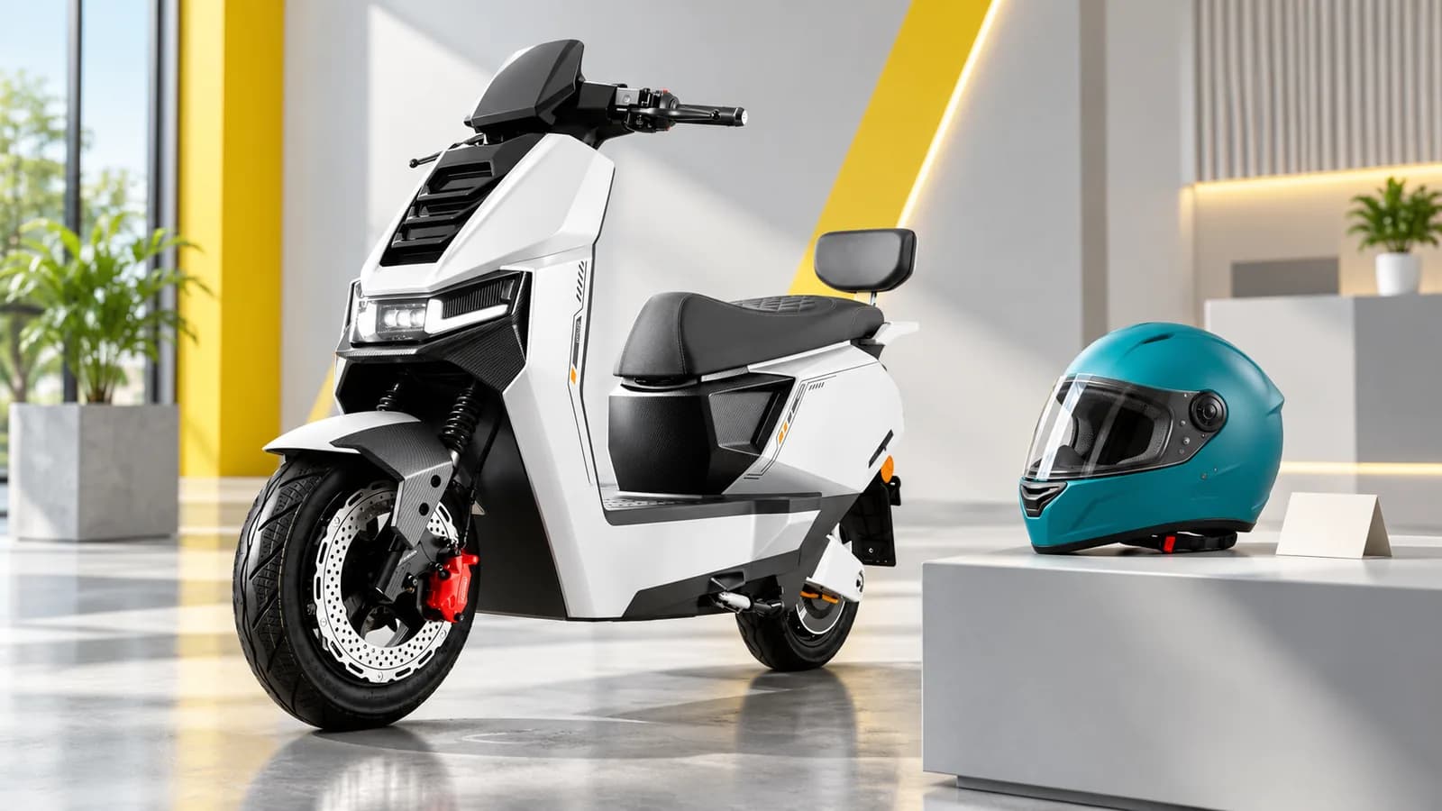 Conceptual illustration of a white Dynamo scooter beside an unbranded helmet, not a supplied accessory or evidence of certification