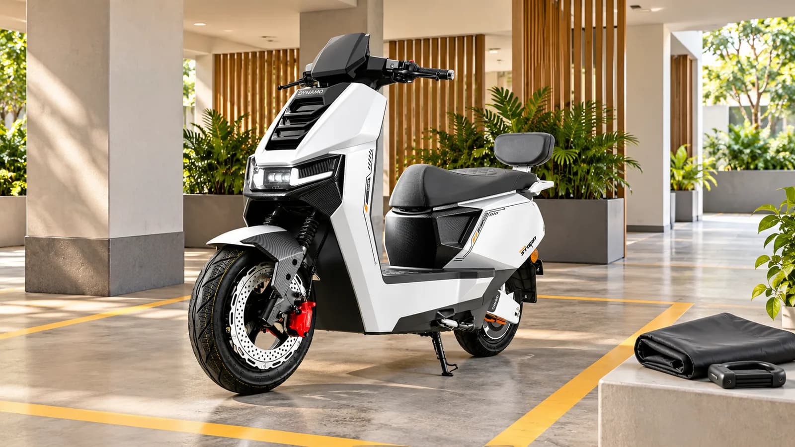 Conceptual illustration of a white Dynamo scooter in a sheltered apartment parking bay, not a photograph of a customer property