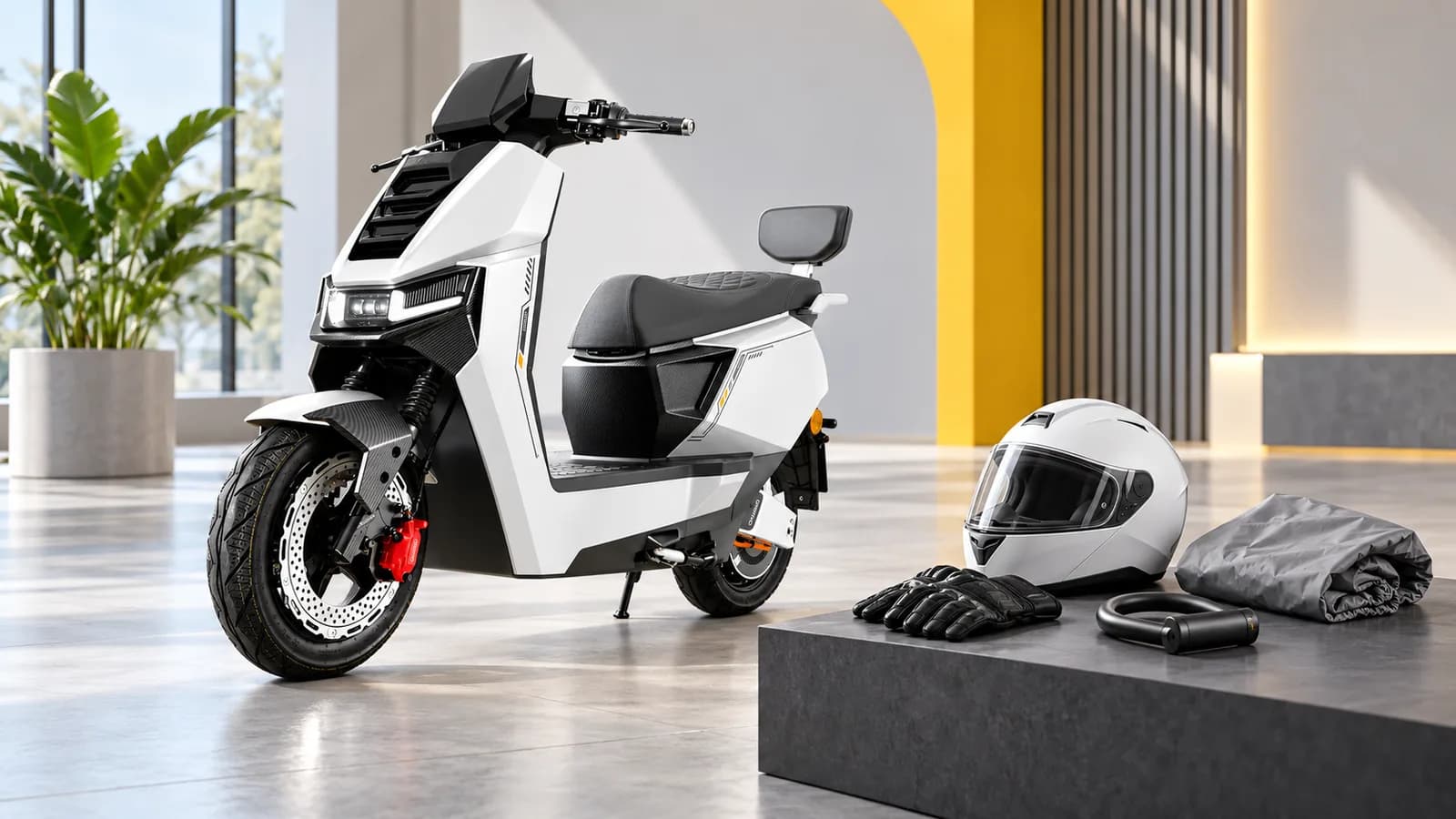Conceptual illustration of a white Dynamo scooter with separate helmet, gloves, lock and cover, not a promised accessory bundle